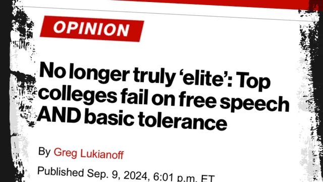 Graphic of New York Post headline: "Top colleges fail on free speech AND basic tolerance" by Greg Lukianoff